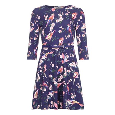 Yumi Girl Blue Floral Bird Print Belt Dress
